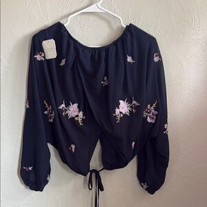 Altar'd State Navy with embroidered flowers 3/4 Sleeve Tie Blouse